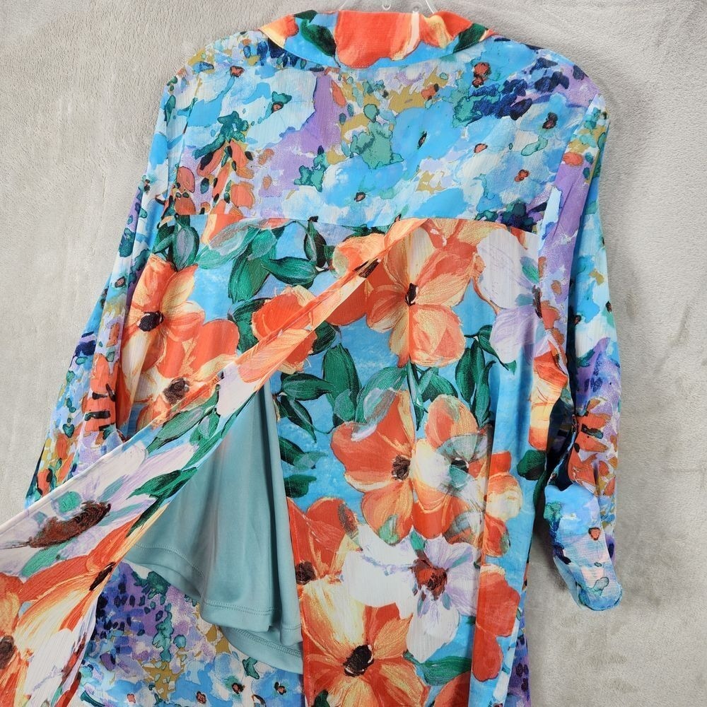 Figueroa Flower Watercolor Floral‎ Button Down Blouse Blue Orange Multi Print 1X - Picture 3 of 12